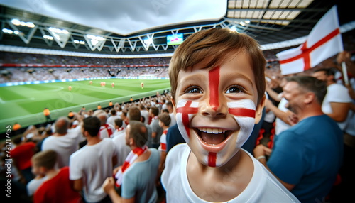 child boy soccer fun with painted face of flag England in football stadium photo