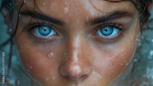 a woman with large blue eyes and wet hair swims in water