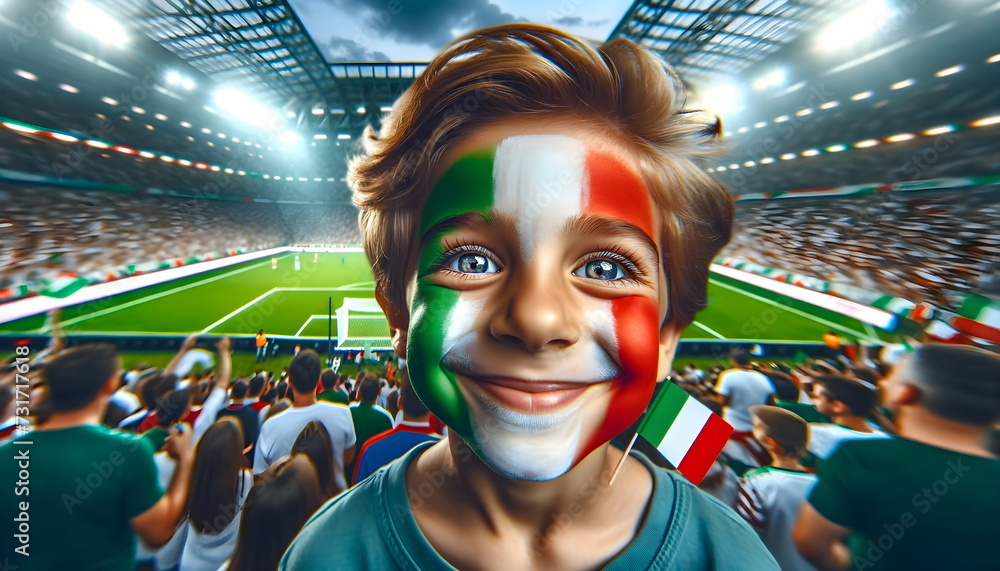 child boy soccer fun with painted face of flag Italy in football stadium - obrazy, fototapety, plakaty 