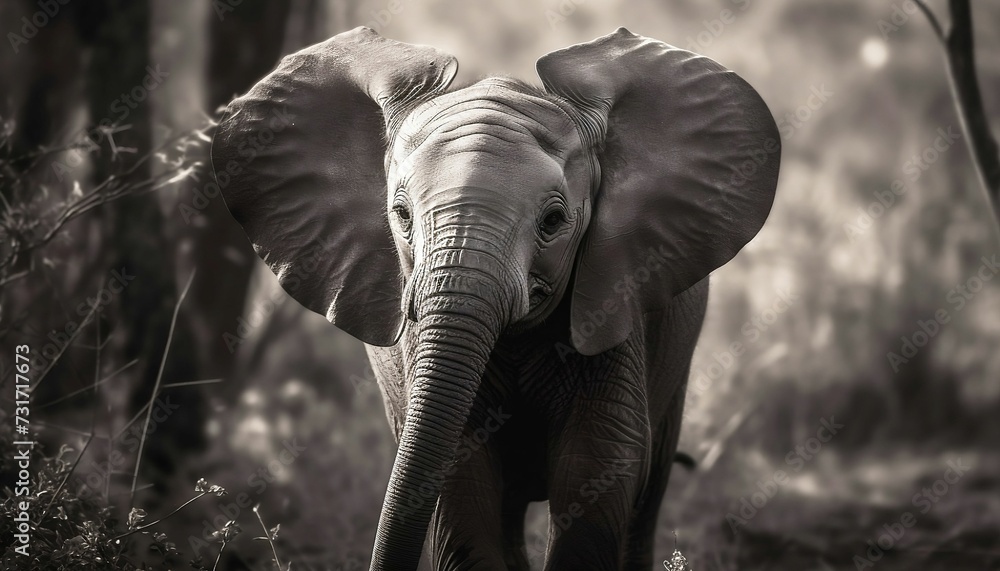 greyscale wildlife photograph of a baby elephant