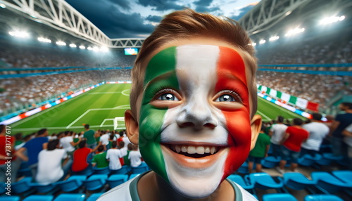child boy soccer fun with painted face of flag Italy in football stadium photo