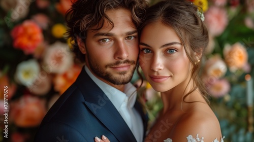 the beautiful bride and groom are looking at the camera in front of colorful flowers