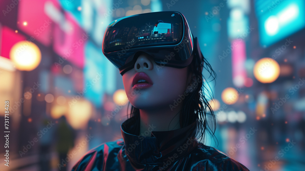 Young woman wearing vr glasses, headset, playing virtual games and watching videos outdoors. Close up Young girl with a small hands holding virtual reality glasses. Future is now. VR concept Young woman wearing vr glasses, headset, playing virtual games and watching videos outdoors. Close up Young girl with a small hands holding virtual reality glasses. Future is now. VR concept