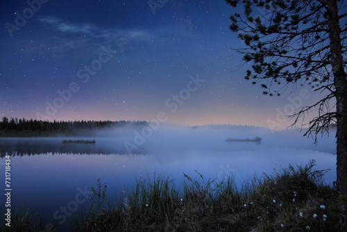 AI generated illustration of a tranquil lake, illuminated by the bright light of a full moon © Wirestock