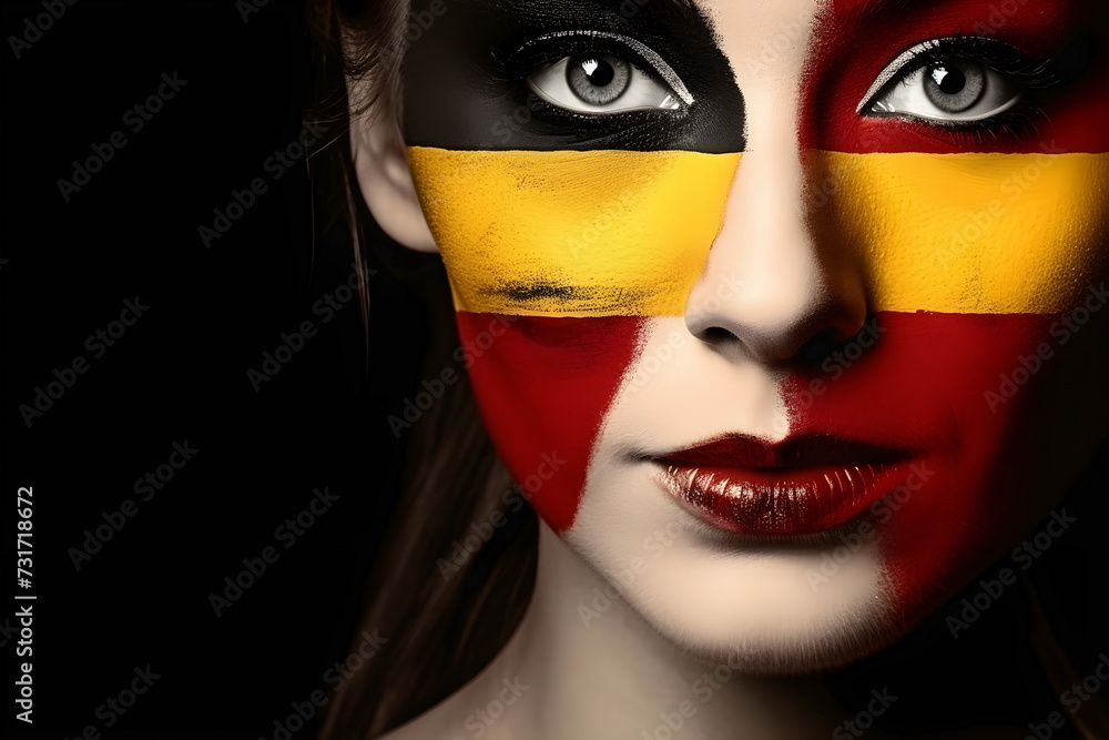 woman soccer fun with painted face of flag Germany isolated on black background woman soccer fun with painted face of flag Germany isolated on black background