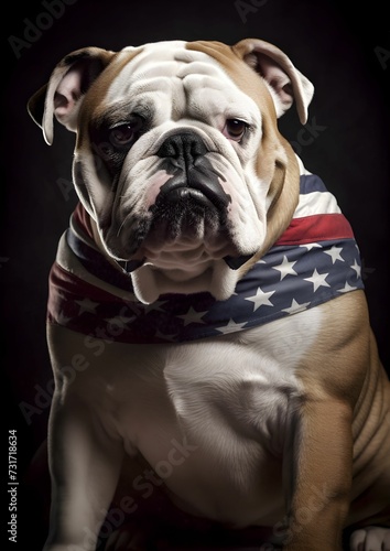 AI generated illustration of an American Flag draped over a bulldog on a dark background