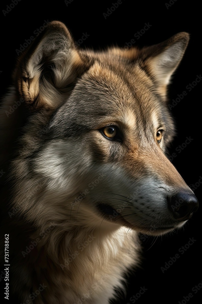AI generated illustration of A close-up shot of a gray wolf against a dark background
