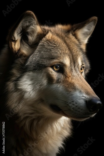 AI generated illustration of A close-up shot of a gray wolf against a dark background