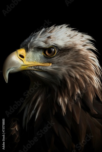 AI generated illustration of A majestic bald eagle standing out against a dark backdrop © Wirestock