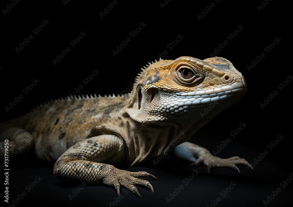 Obraz premium Solitary desert lizard isolated on a black background. AI-generated.