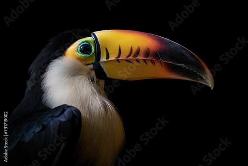 Closeup of a toucan isolated on a black background. AI-generated. © Wirestock