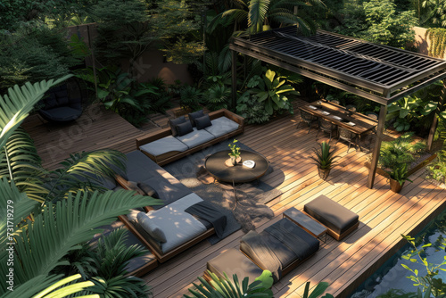 High view Interior design of a lavish side outside garden, with a teak hardwood deck and a black pergola. Scene day light with couches and lounge chairs by the pool, with many tropical trees
