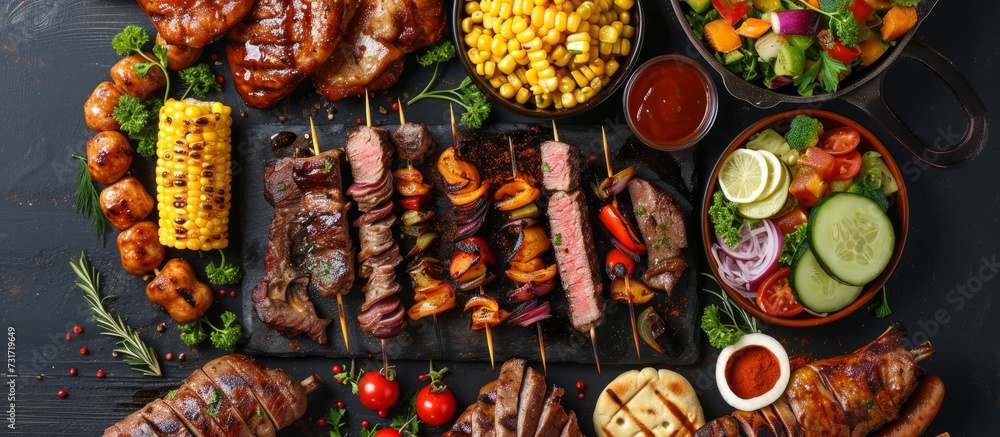 Top view of a barbeque party picnic flatlay featuring a variety of grilled summer bbq dishes like shish kebab skewers, grilled corn, salad, bonfire fried chicken, steak, sausages, and vegetables.