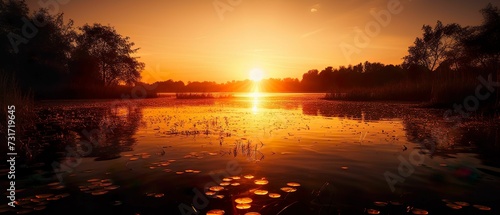 AI generated illustration of a majestic sunset over a tranquil lake surrounded by lush trees