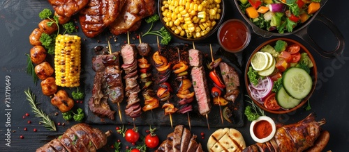 Top view of a barbeque party picnic flatlay featuring a variety of grilled summer bbq dishes like shish kebab skewers, grilled corn, salad, bonfire fried chicken, steak, sausages, and vegetables.