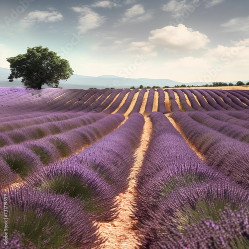AI generated illustration of a vibrant landscape with rows of lavender flowers in full bloom © Wirestock