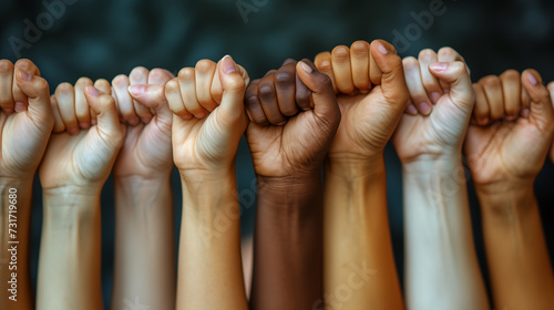 Hands of different ethnicities and nationalities holding each other in a fist bump