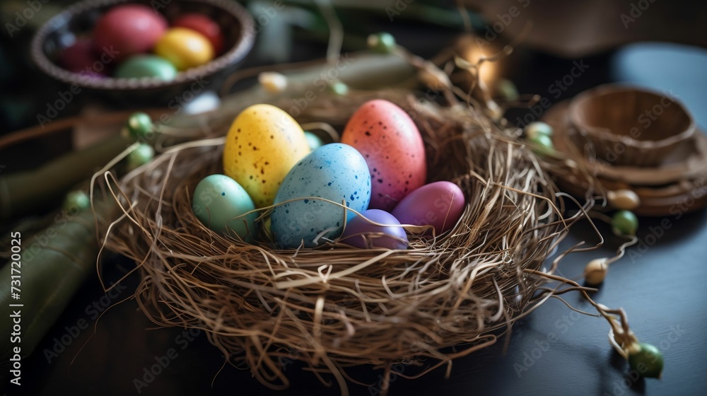 Obraz premium AI generated illustration of A close up of a small nest filled with a variety of colorful eggs