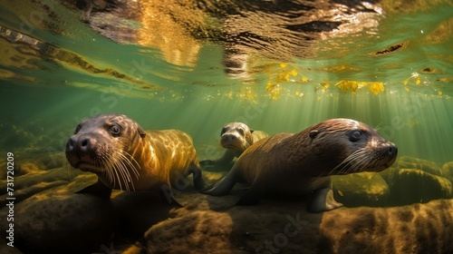 AI generated illustration of river otters swimming in the waters of a tranquil Amazonian creek