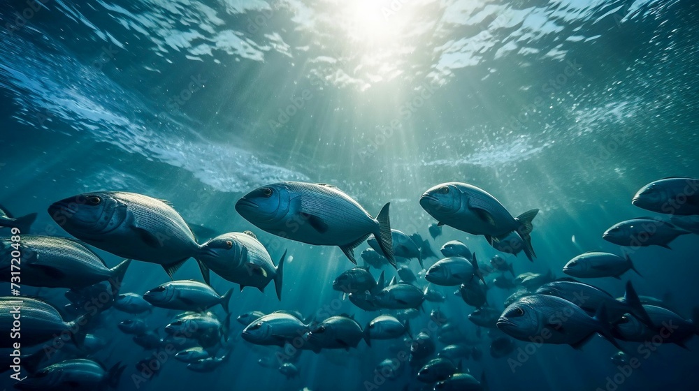 AI generated illustration of a school of fish swimming in bright blue waters