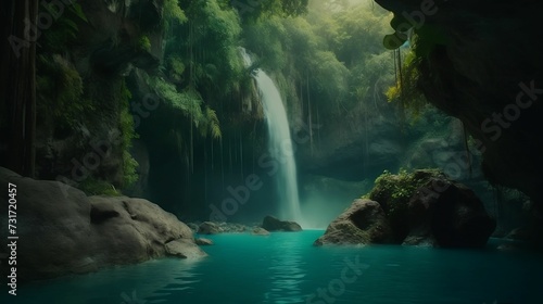 AI-generated illustration of a magnificent waterfall cascading out of a majestic cave. © Wirestock