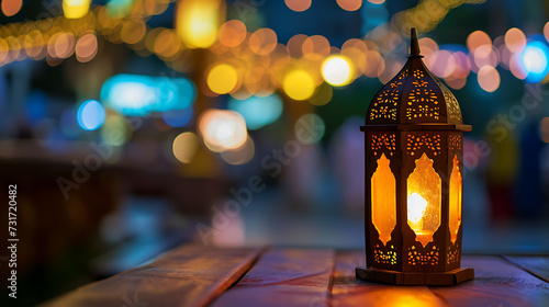 Traditional Arabic lantern lit up for celebrating holy month of Ramadan. Bokeh lights surrounding Ramadan concept