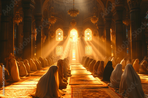 Mosque. Devotees gathered for a prayer session in the serene ambiance of a mosque during the holy month of Ramadan, with sunlight filtering through stained glass. photo