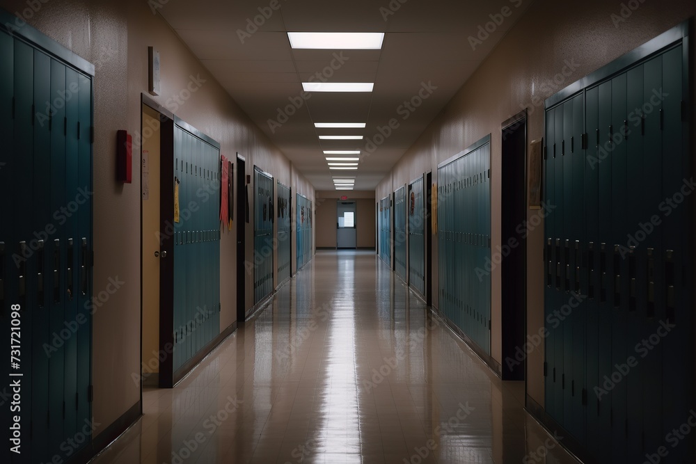 AI generated illustration of hallway with blue lockers adorning the school walls AI generated illustration of hallway with blue lockers adorning the school walls