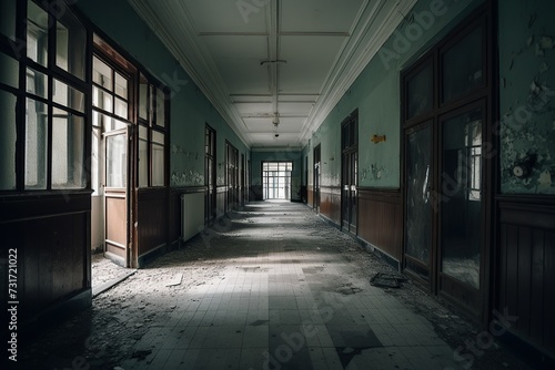AI generated illustration of an interior view of an empty school hallway with large windows