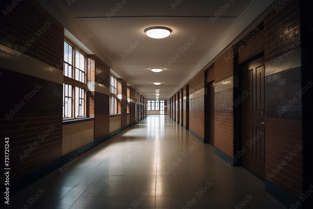 AI generated illustration of a desolate school hallway filled with a sense of despair and loneliness AI generated illustration of a desolate school hallway filled with a sense of despair and loneliness