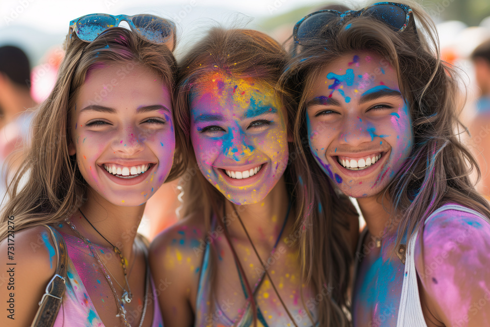 Holi festival. Happy friends with faces smeared in Holi colors, laughing and enjoying the vibrant, festive atmosphere together. Holi festival. Happy friends with faces smeared in Holi colors, laughing and enjoying the vibrant, festive atmosphere together.