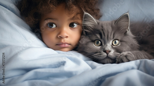 Small African child lies on a bed with a cat. Kitten and baby childhood friendship. Baby and cat. Child and Kitten lying together on the bed