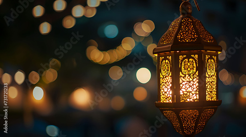 Traditional Arabic lantern lit up for celebrating holy month of Ramadan. Bokeh lights surrounding Ramadan concept