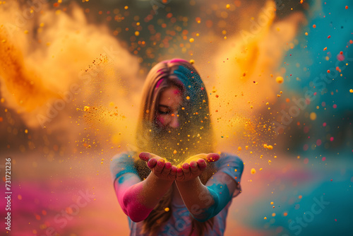 Holi festival. A joyful woman with color-streaked hair is blowing Holi powder from her hands, creating a magical explosion of colors.