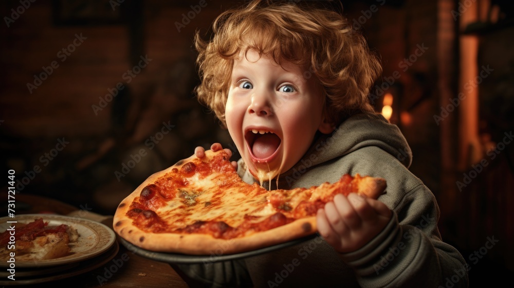 small child eats pizza. happy kid and fast food. delicious Italian pastries. pizza day. baby smiles small child eats pizza. happy kid and fast food. delicious Italian pastries. pizza day. baby smiles
