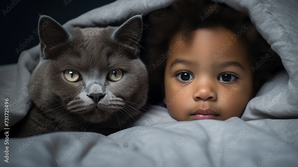 Small African child lies on a bed with a cat. Kitten and baby childhood friendship. Baby and cat. Child and Kitten lying together on the bed Small African child lies on a bed with a cat. Kitten and baby childhood friendship. Baby and cat. Child and Kitten lying together on the bed