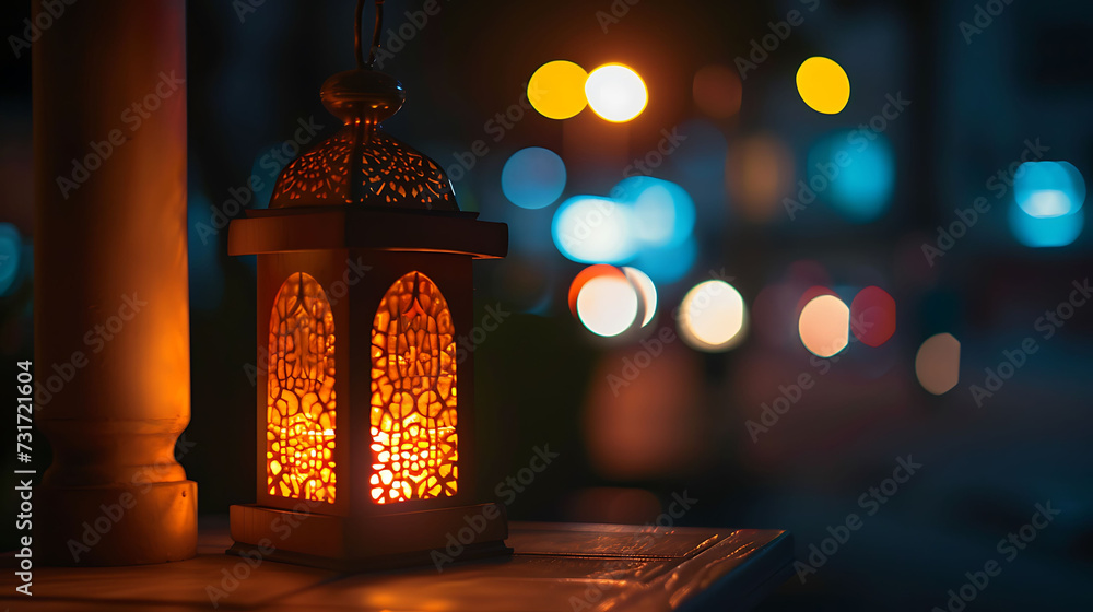 Traditional Arabic lantern lit up for celebrating holy month of Ramadan. Bokeh lights surrounding Ramadan concept