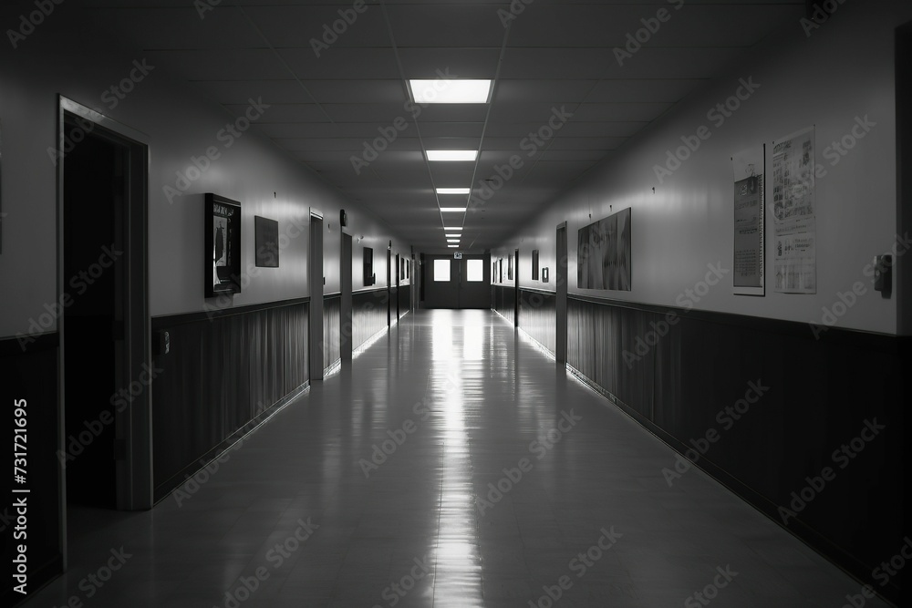 AI generated illustration of a desolate school hallway filled with a sense of despair and loneliness AI generated illustration of a desolate school hallway filled with a sense of despair and loneliness