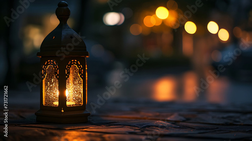 Traditional Arabic lantern lit up for celebrating holy month of Ramadan. Bokeh lights surrounding Ramadan concept © Uzair