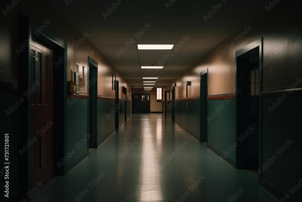 AI generated illustration of a desolate school hallway filled with a sense of despair and loneliness AI generated illustration of a desolate school hallway filled with a sense of despair and loneliness