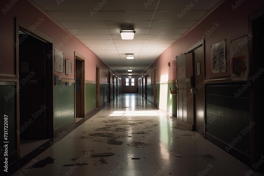 AI generated illustration of a desolate school hallway filled with a sense of despair and loneliness AI generated illustration of a desolate school hallway filled with a sense of despair and loneliness