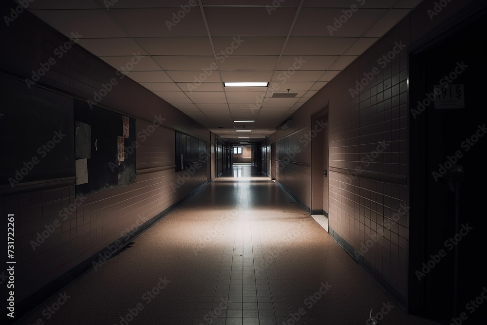 AI generated illustration of a desolate school hallway filled with a sense of despair and loneliness AI generated illustration of a desolate school hallway filled with a sense of despair and loneliness