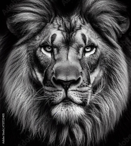 AI generated illustration of A black and white close up shot of a lion's head.