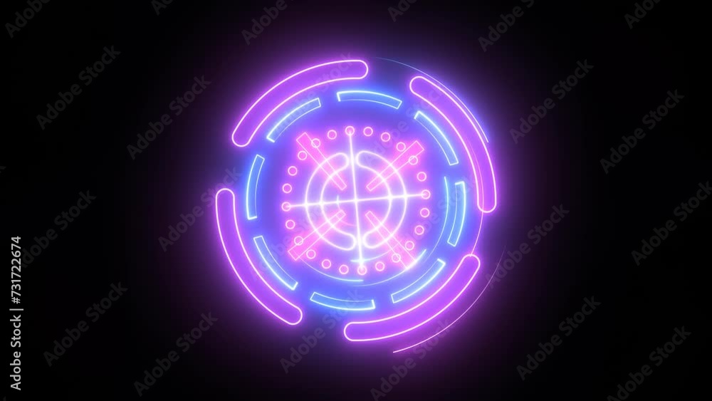 Neon circle rotation of frame with shining effects on dark background animation 4K. Neon circle rotation of frame with shining effects on dark background animation 4K.