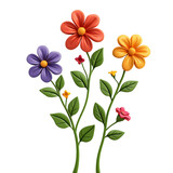 Plasticine flowers with leaves on stem. 3d illustration, transparent background.