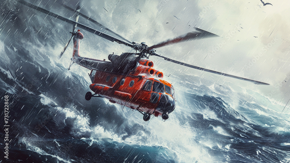 .An intense sketch portraying a search and rescue helicopter hovering over stormy seas during a mission