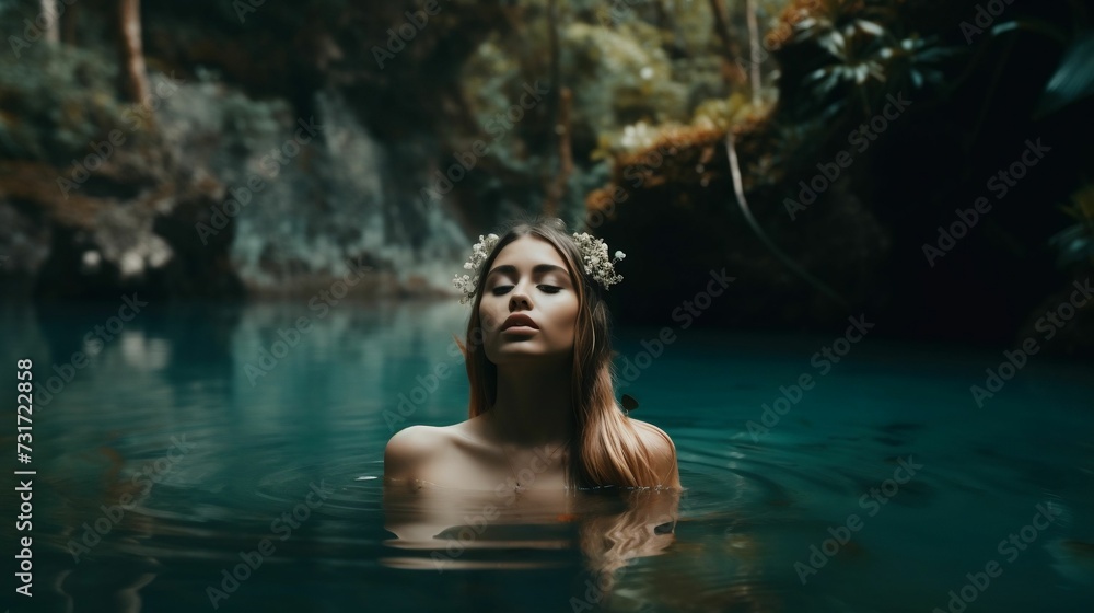 a woman with flower crown in a river with water and rocks
