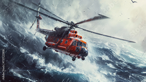 .An intense sketch portraying a search and rescue helicopter hovering over stormy seas during a mission © Samvel