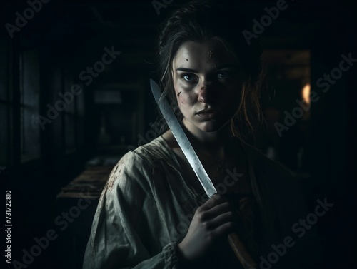 a woman holds a knife at night in a dark alley photo