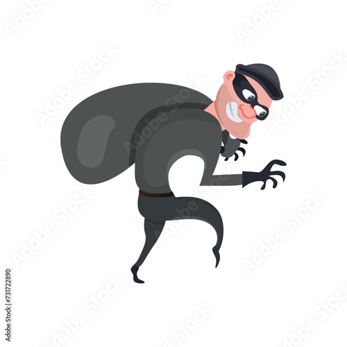 Cartoon thief walks carefully. Funny robber. Vector illustration on white background